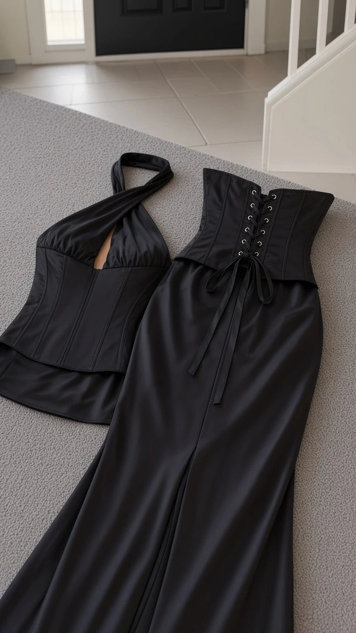 Flat lay view of black criss-cross halter corset top and lace-up maxi skirt set