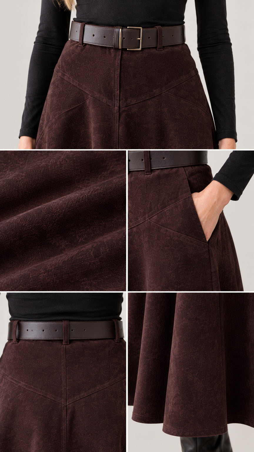 Close-up details of dark brown belted waistband, suede-like texture, and side pocket