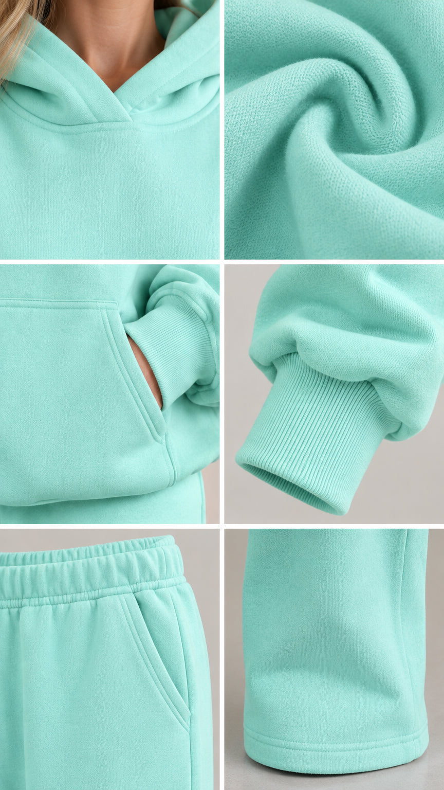 Close-up details of Mint Green fleece fabric, hood collar, kangaroo pocket, ribbed cuff, and elastic waistband