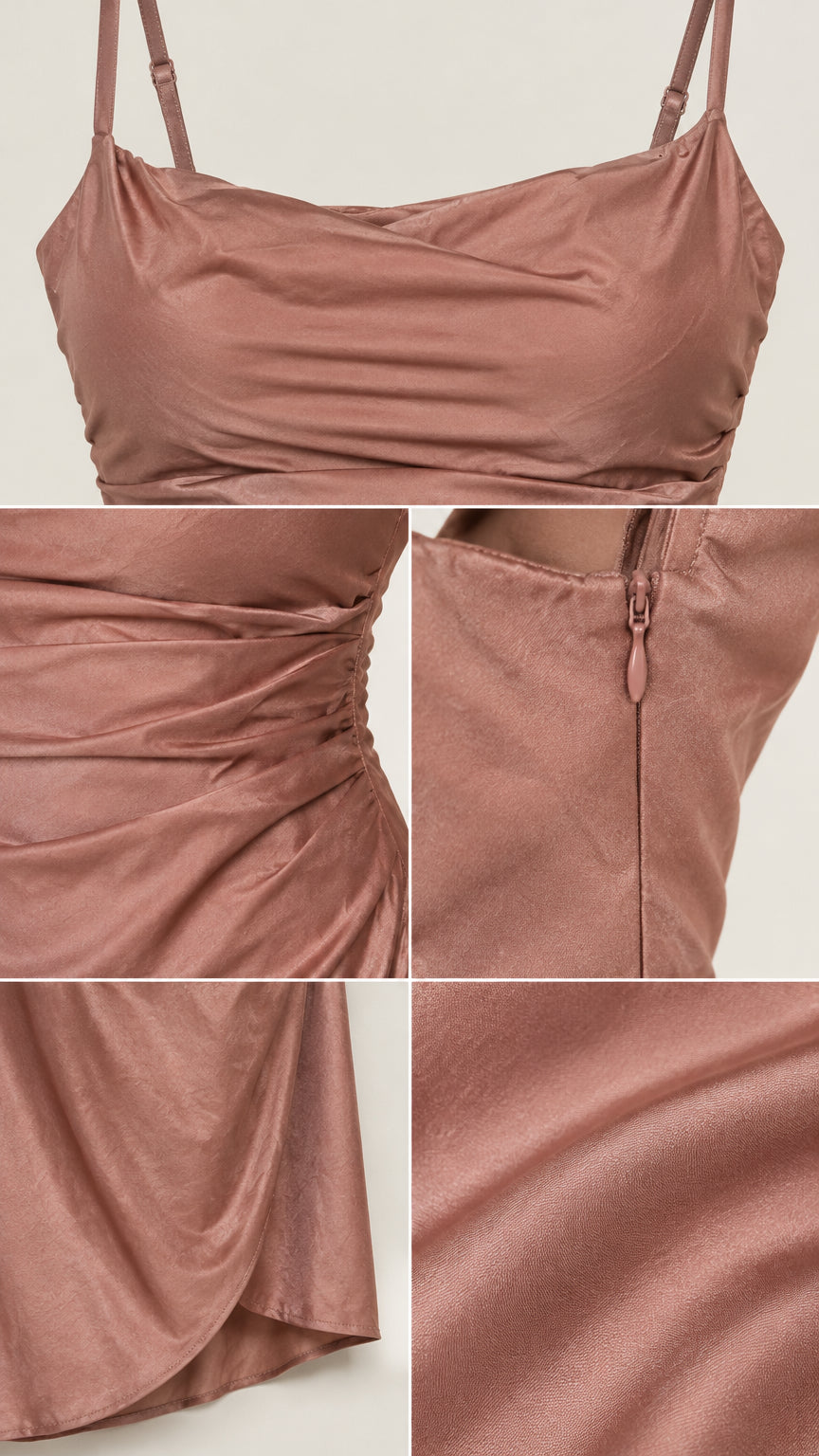 Close-up details of cowl neckline, side ruching, side zipper, and satin fabric