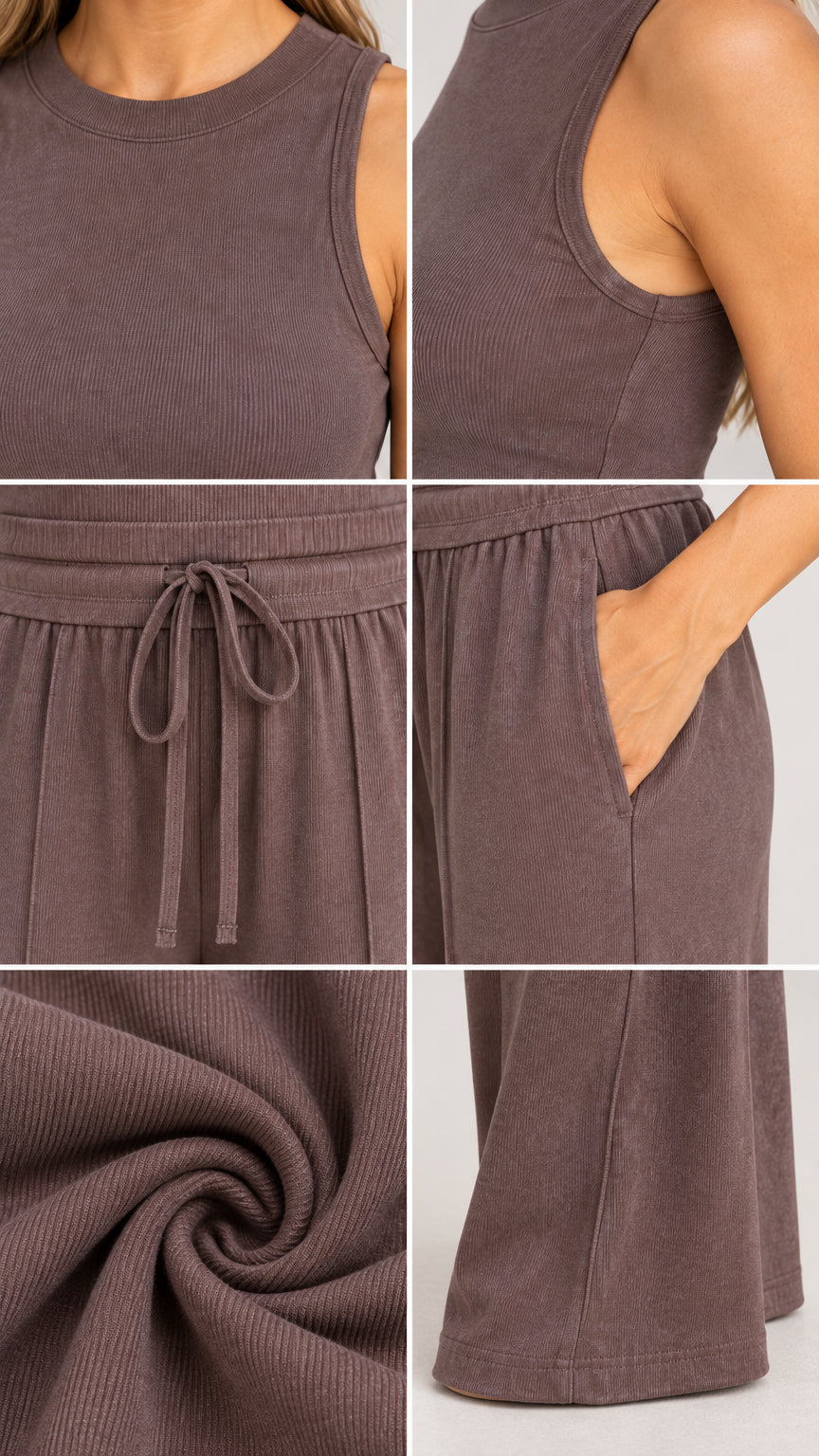 Close-up details of ribbed crew neckline, drawstring waistband, side pocket, and fabric texture