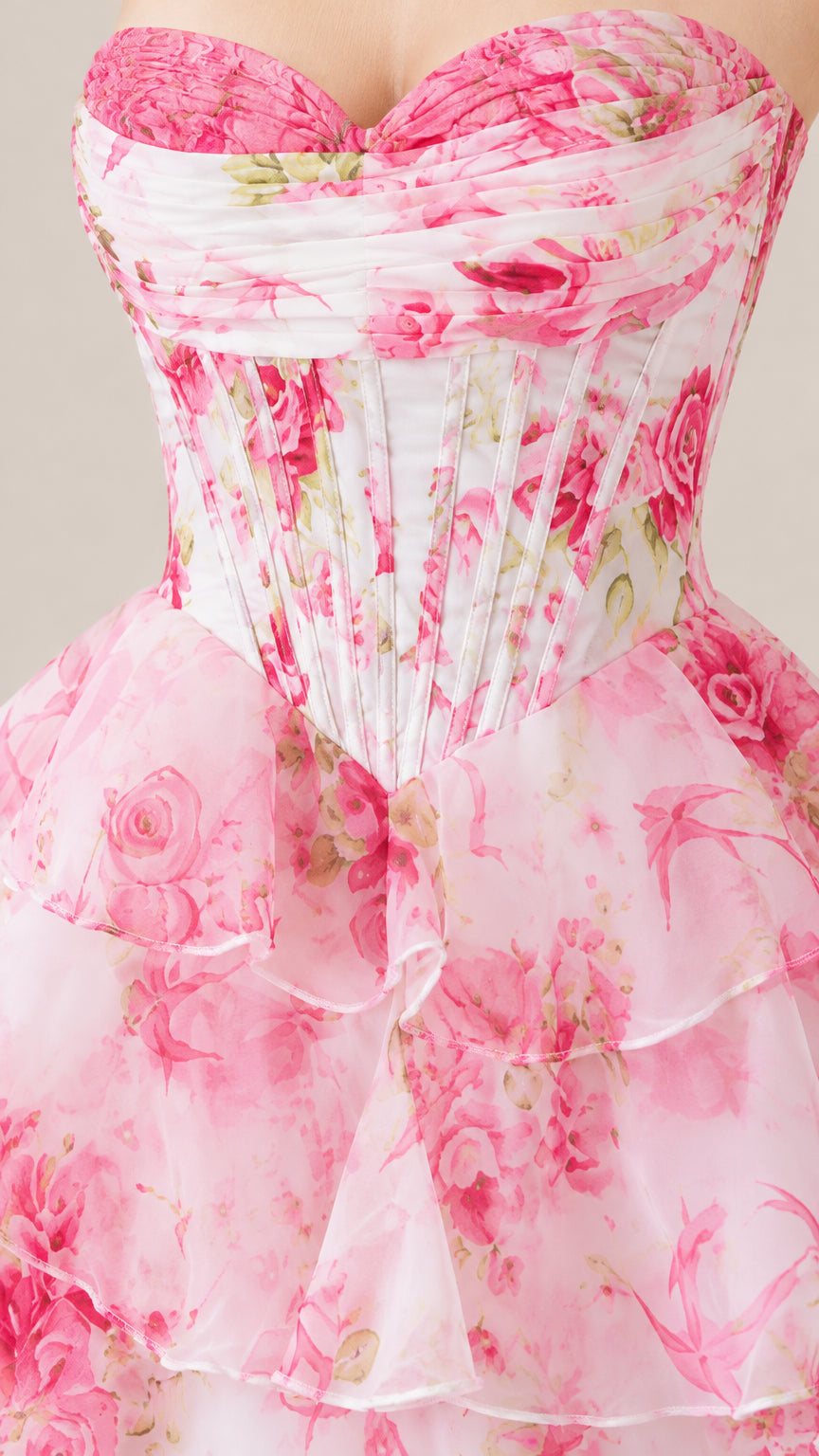 Close-up of pink floral boned corset bodice and sweetheart neckline