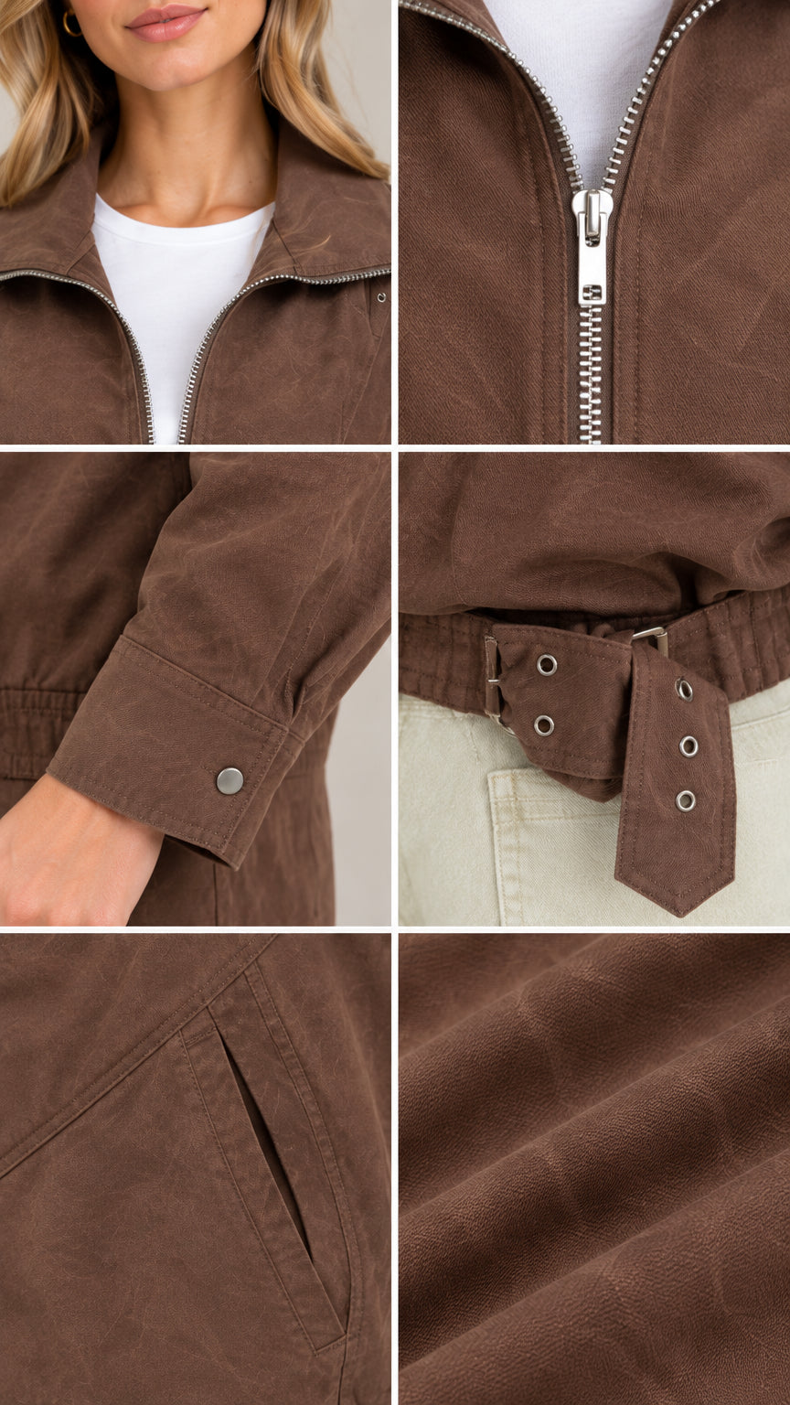 Close-up details of brown utility jacket collar, zipper, snap cuffs, eyelet belt, and fabric texture