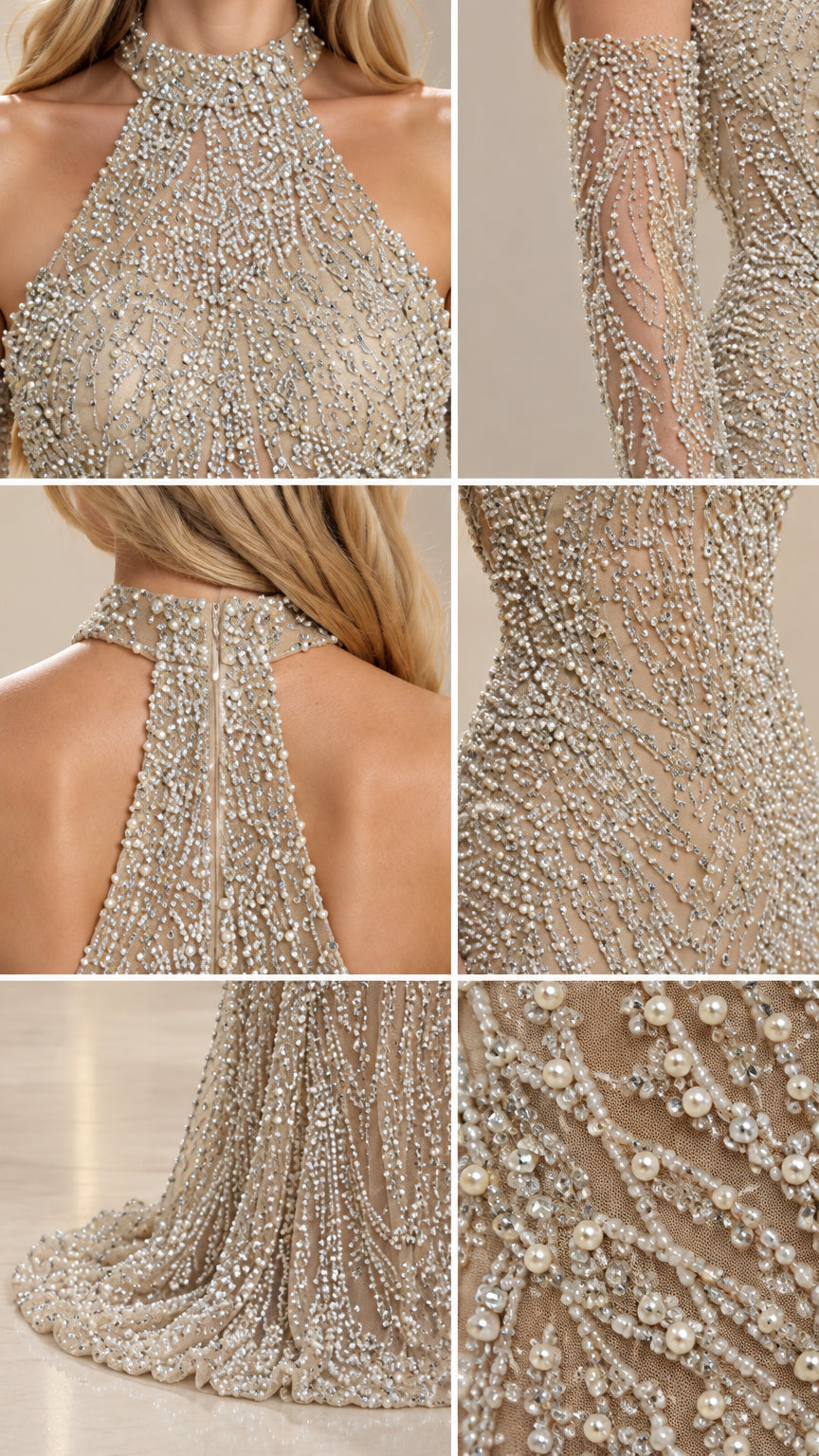 Detailed close-ups of halter neckline, cold-shoulder sleeve, back closure, and pearl beading