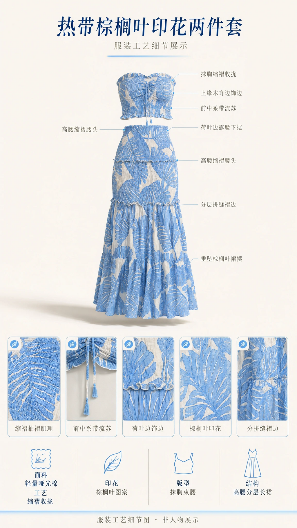 Product detail diagram showcasing the tropical palm print matching two-piece set design features