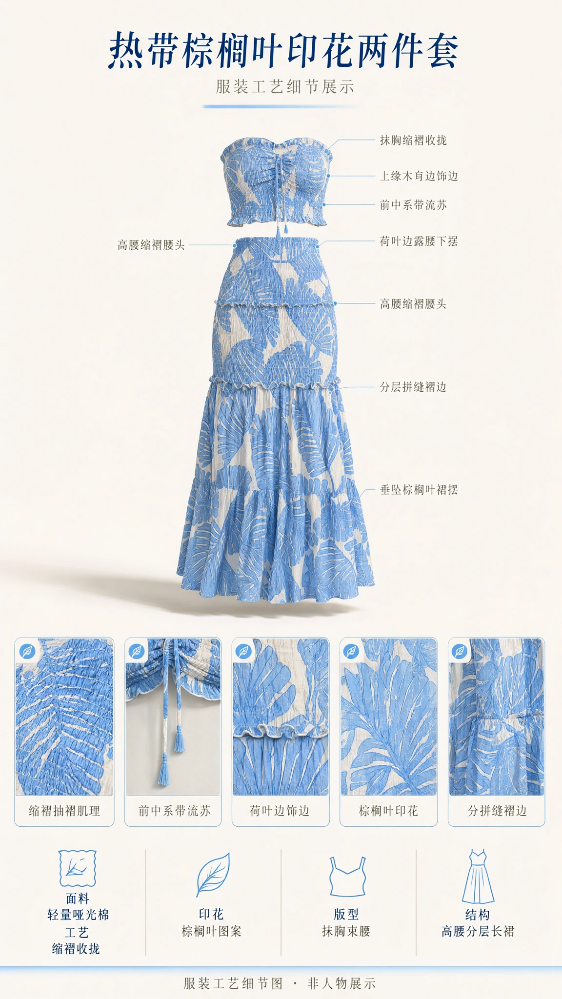 Product detail diagram showcasing the tropical palm print matching two-piece set design features