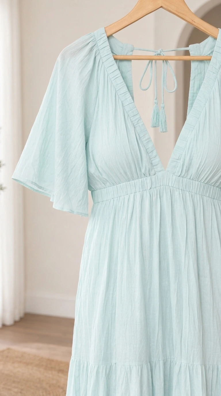 Close-up detail of light blue plunge neckline and textured fabric on a wooden hanger