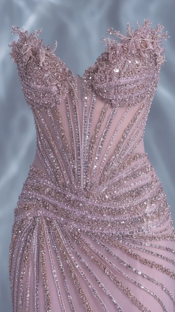 Close-up detail of textured sweetheart neckline and corset boning with beads