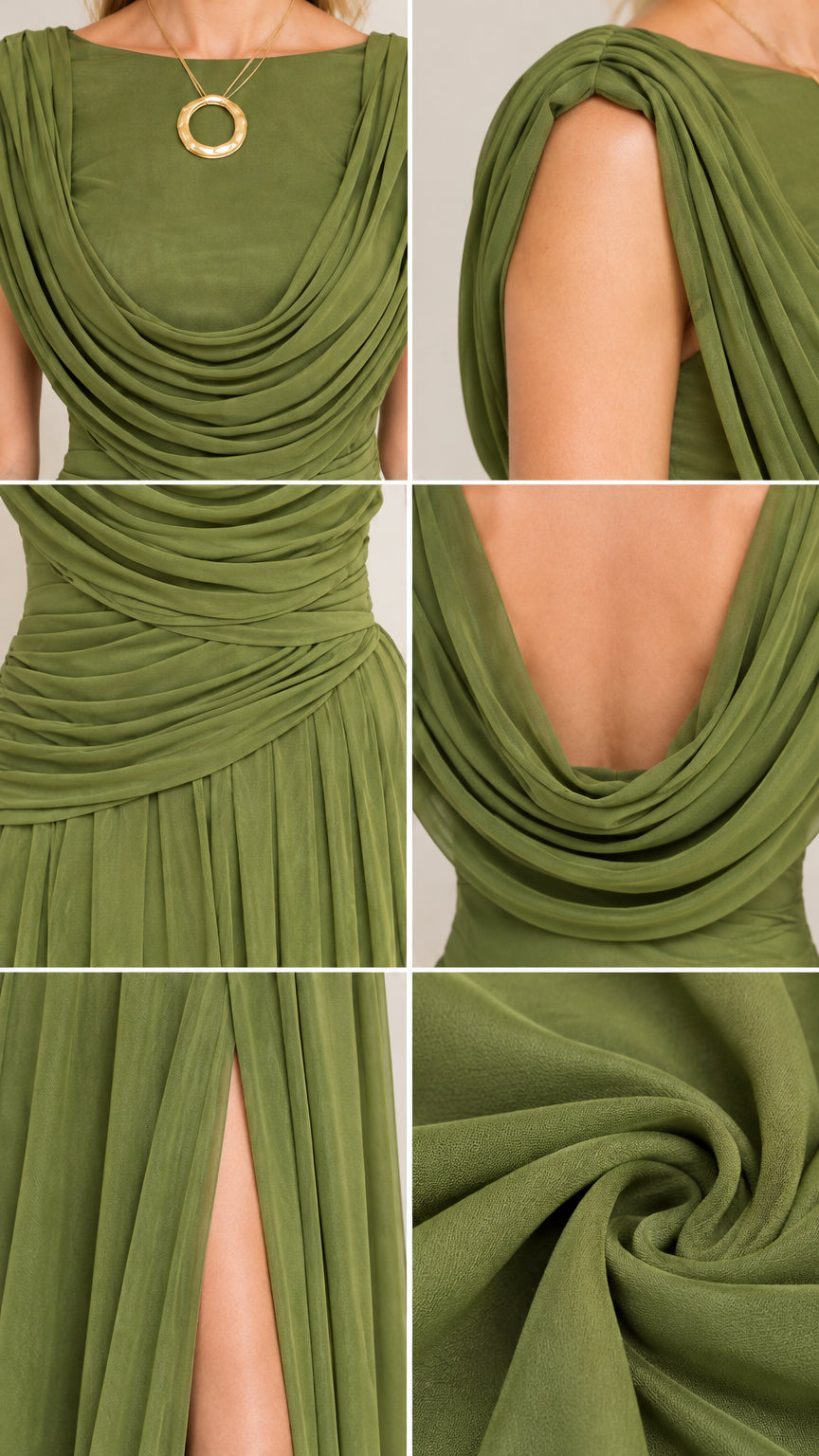 Close-up details of cowl neckline, shoulder straps, ruched waist, draped back, and fabric texture
