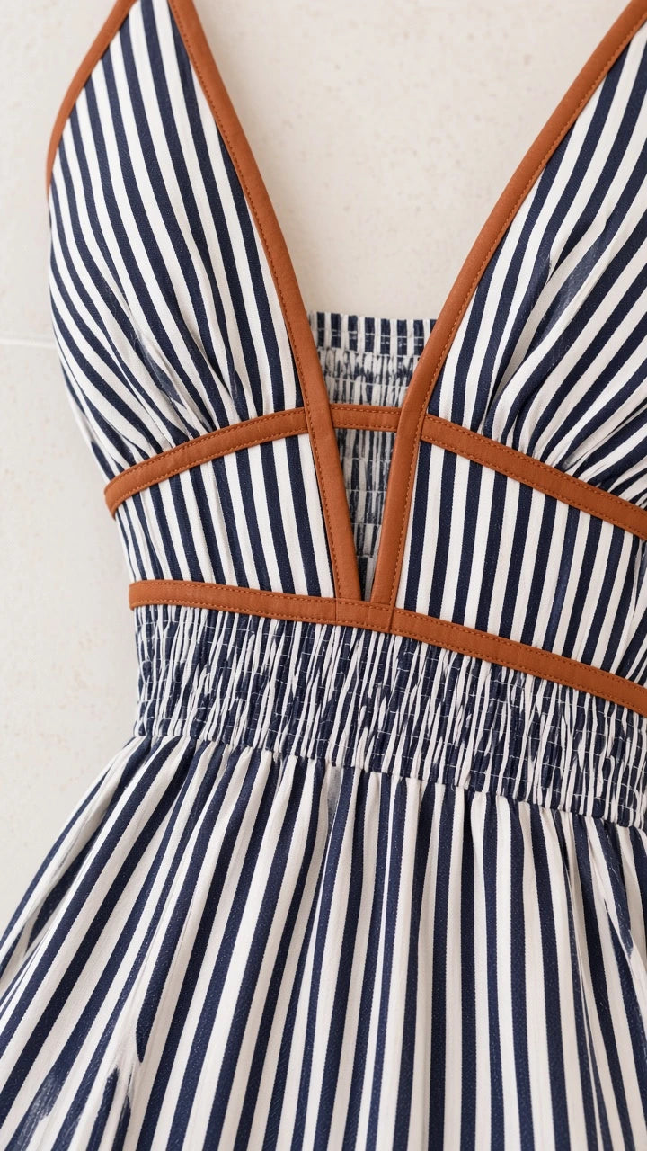 Close-up detail of plunging neckline with contrast brown trim and vertical stripe fabric