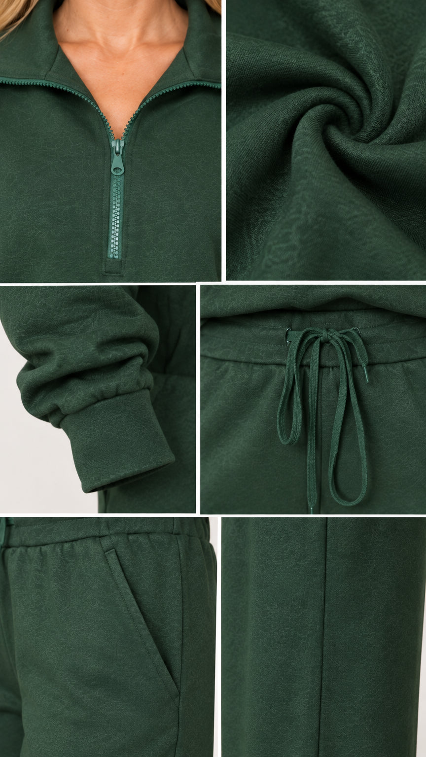 Close-up details of forest green zipper collar, knit fabric texture, cuffs, drawstring, and pockets