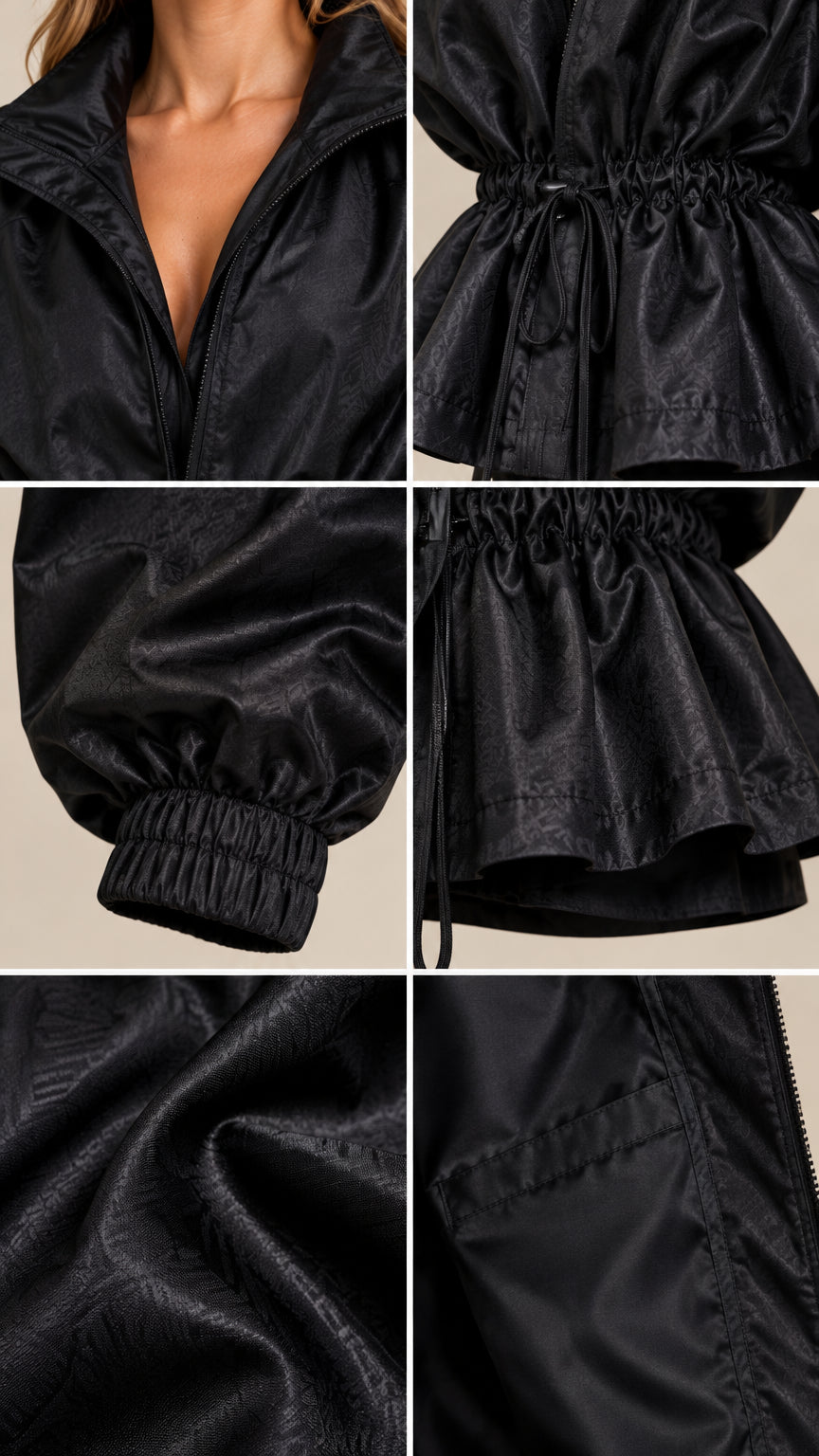 Detailed close-ups of black peplum jacket showing collar, drawstring, cuffs, and texture