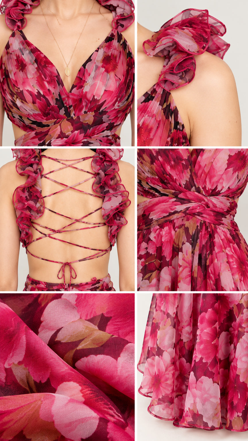 Close-up details of ruffled neckline, cutouts, lace-up back, and sheer floral chiffon fabric