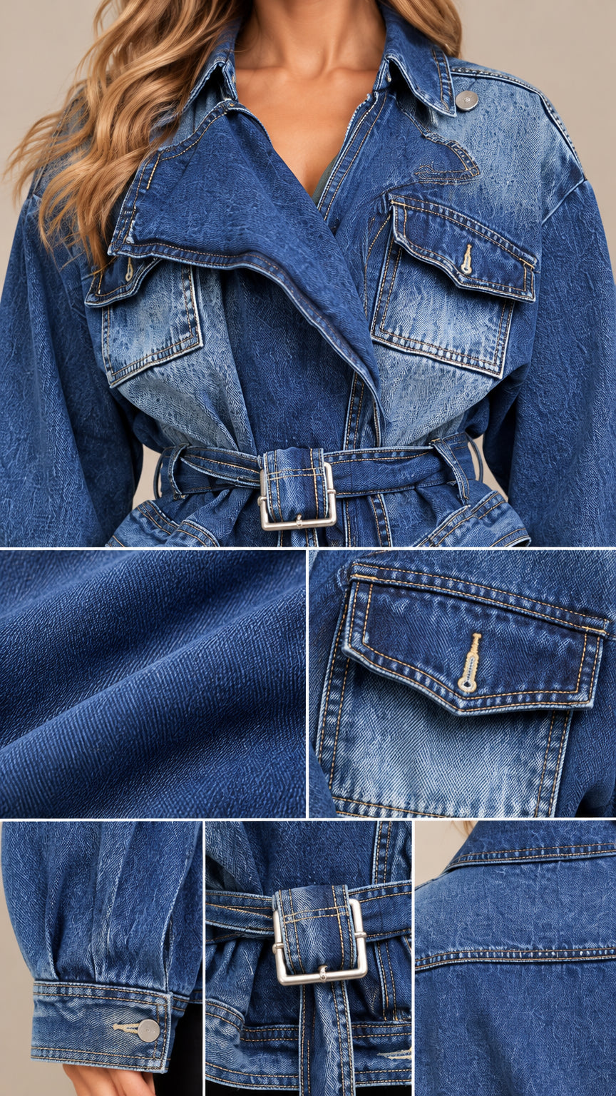 Close-up details of the blue denim jacket showcasing lapel collar, fabric texture, chest pocket, and belt buckle