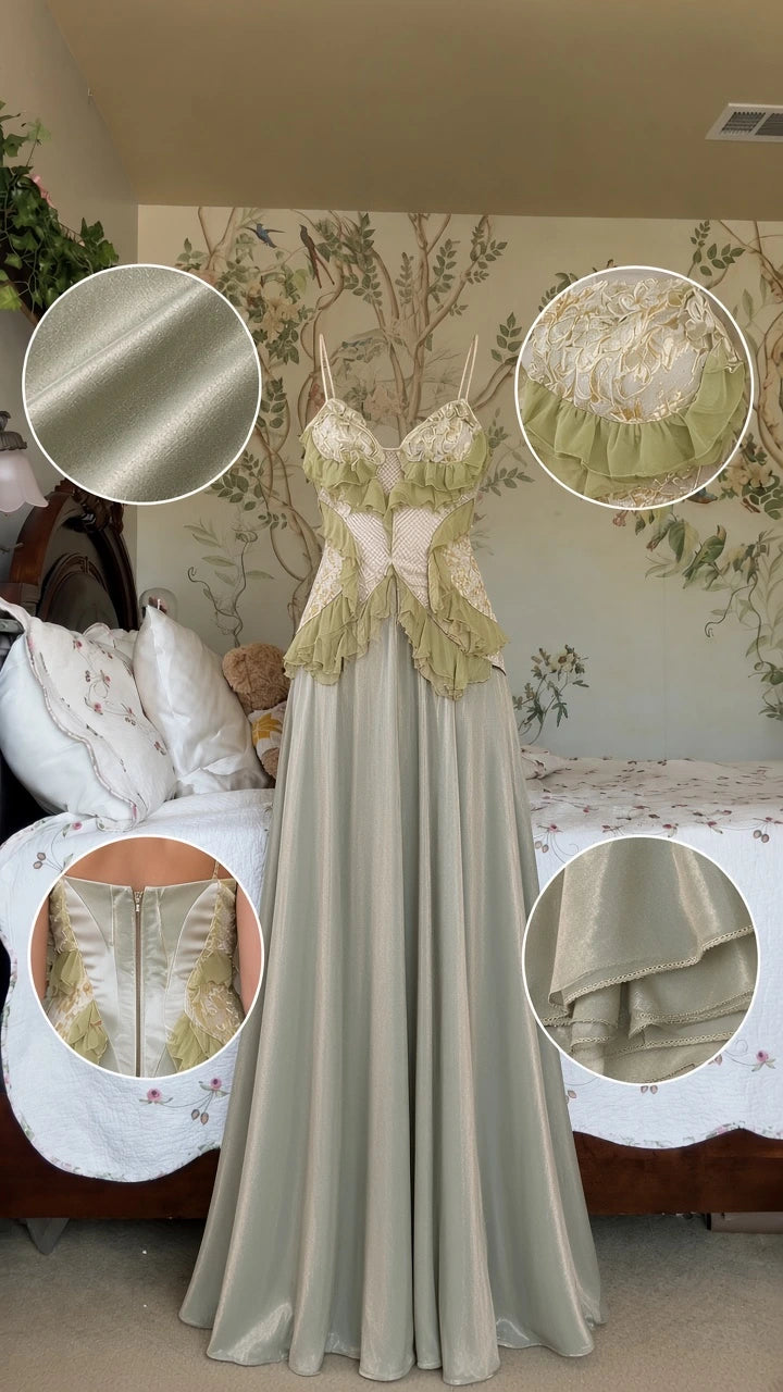 Sage Green maxi evening dress flat lay with close-up fabric and ruffle details