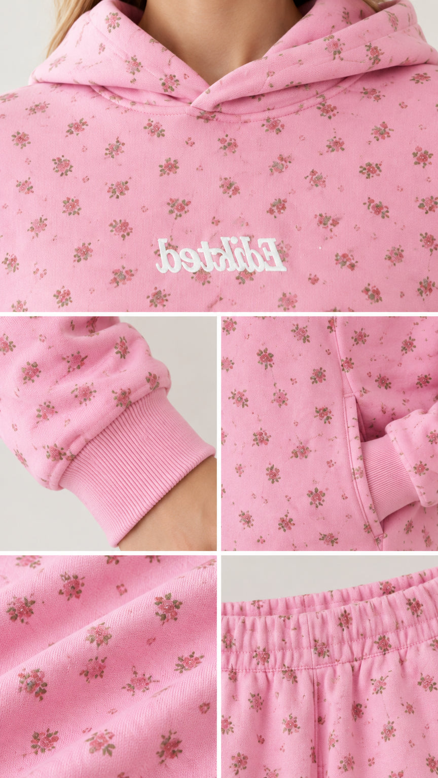 Close-up detail shots showing hood neckline, chest lettering, ribbed cuffs, and elastic waistband