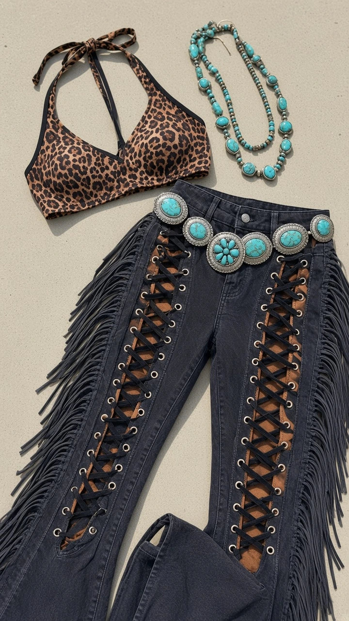 Flat lay of black lace-up fringe flare pants with matching accessories