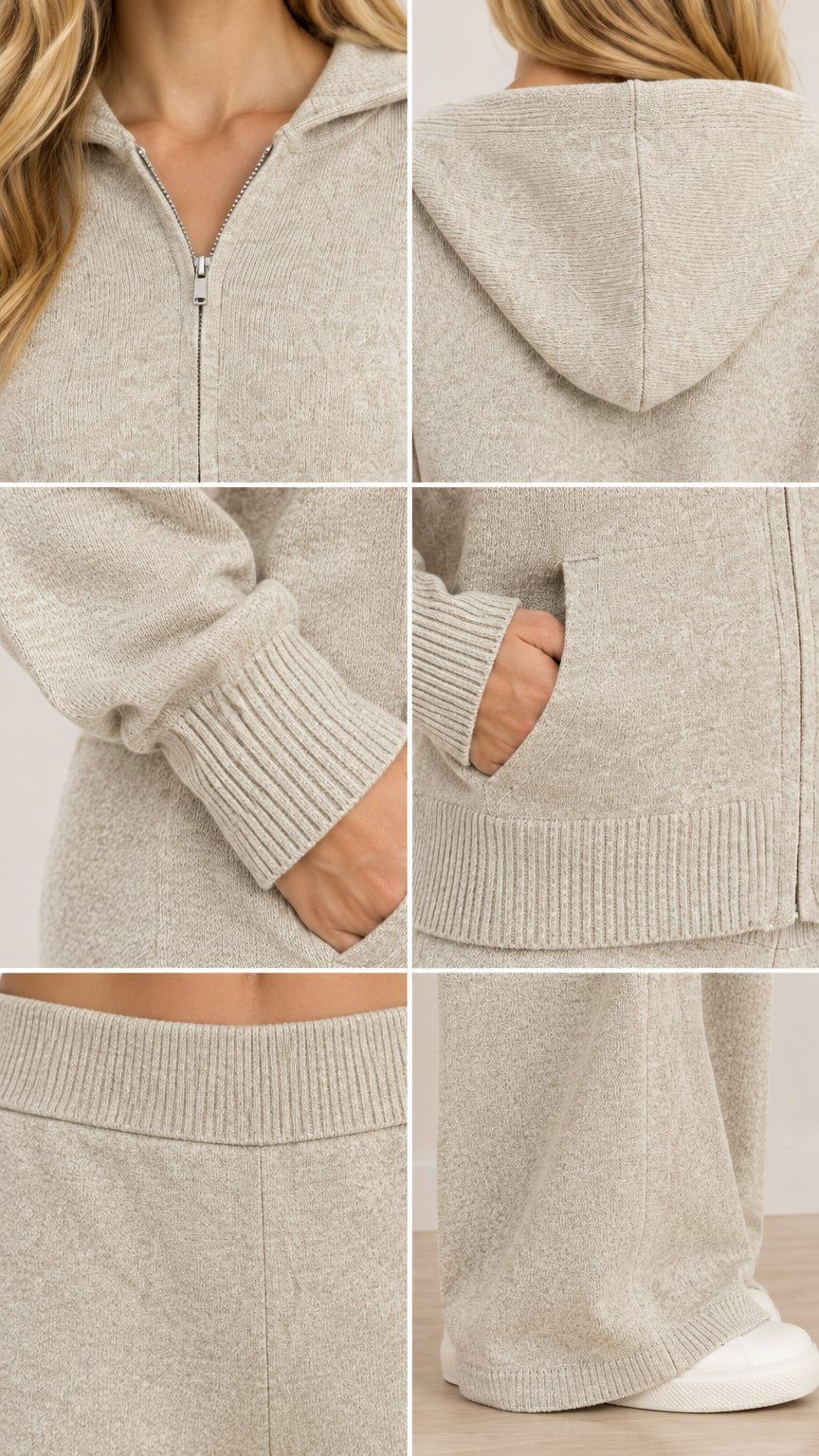 Close-up details of collar zipper, knit hood, ribbed cuffs, pocket, and ribbed waistband in Oatmeal