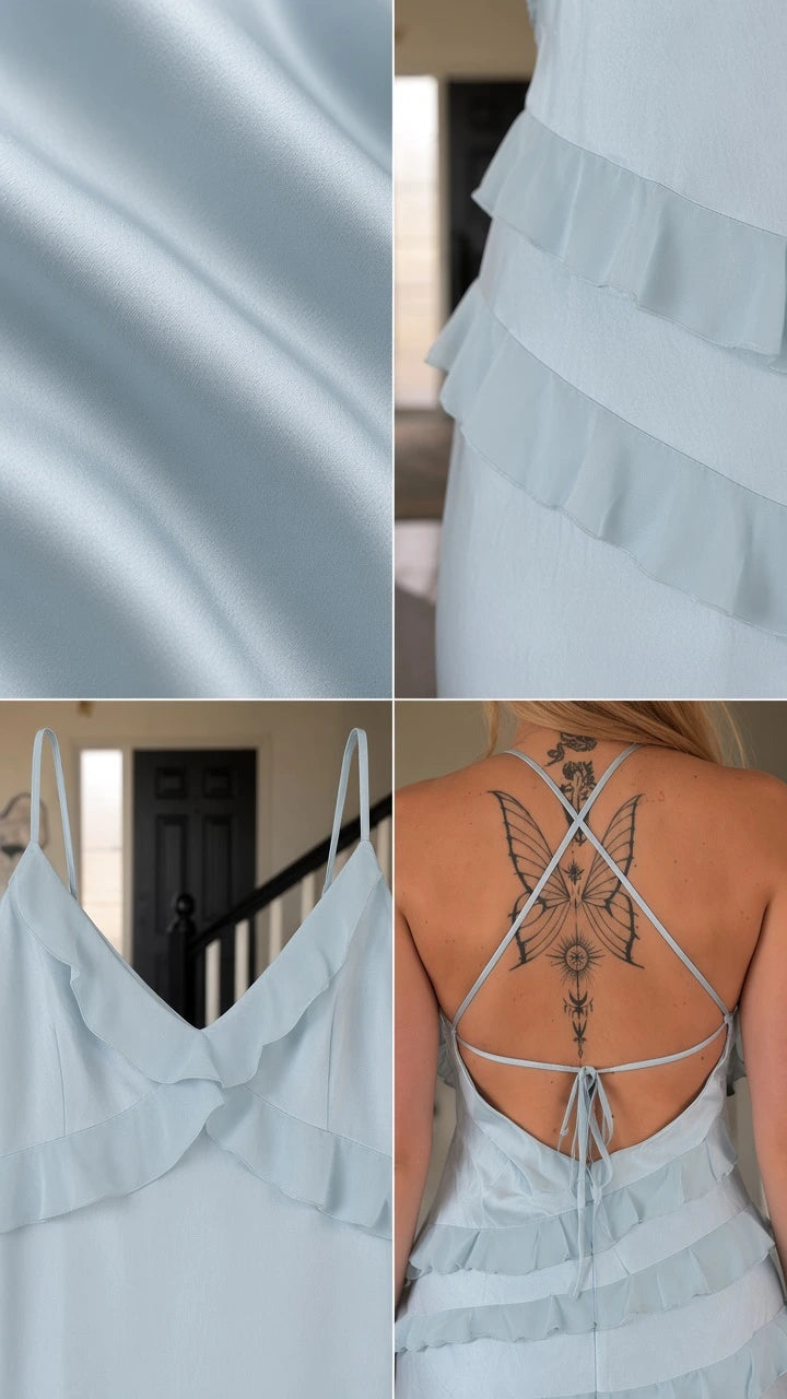 Close-up details of light blue dress fabric, ruffles, and cross-back straps