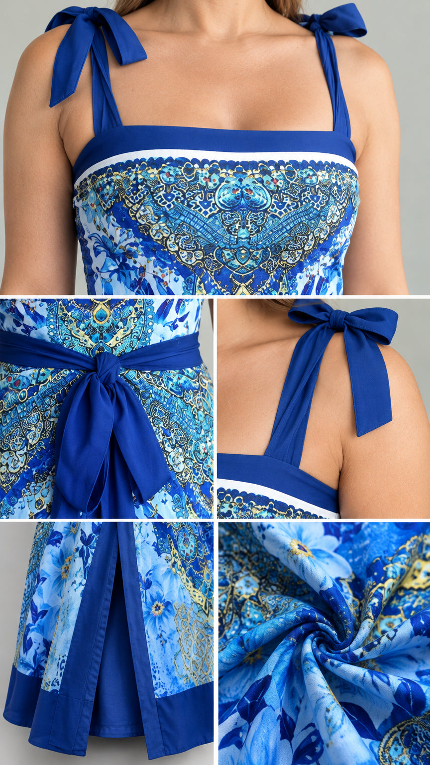 Detailed close-ups of neckline, tie straps, waist sash, and fabric print in Royal Blue