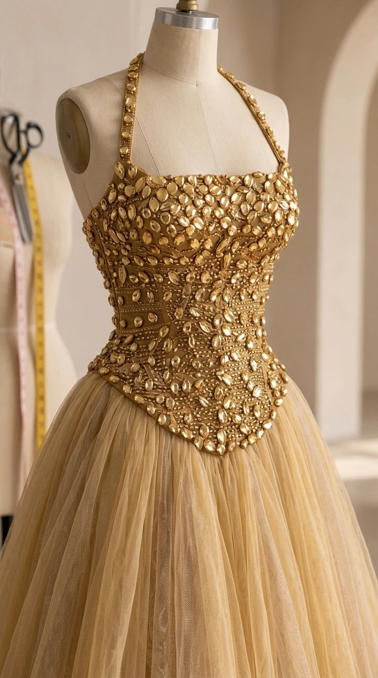 Close-up of gold beaded basque bodice on dress mannequin