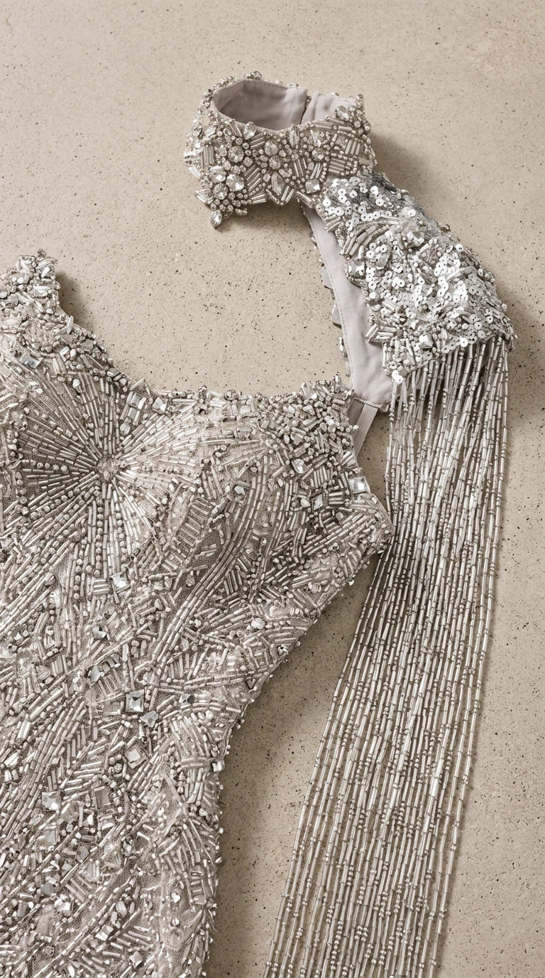 Close-up detail shot of the intricate beadwork, rhinestone embellishment, and fringe cape sleeve construction