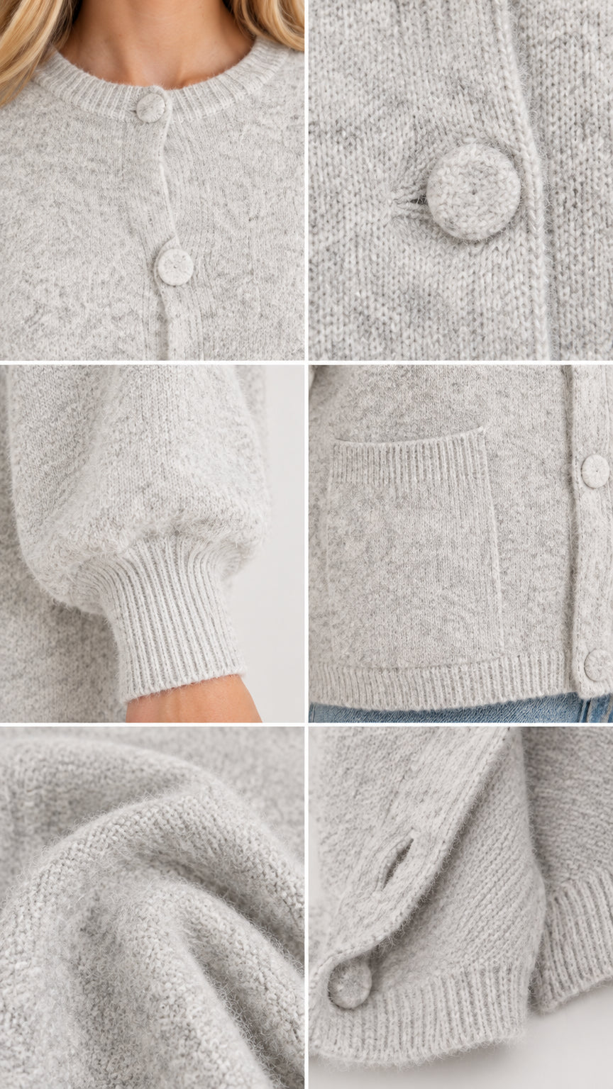 Detailed close-ups of light grey fuzzy knit texture, covered buttons, and ribbed cuffs
