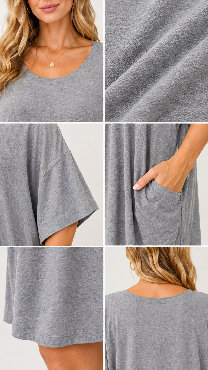 Detailed collage showing neckline, fabric texture, sleeve cuff, and side pocket of the grey lounge dress