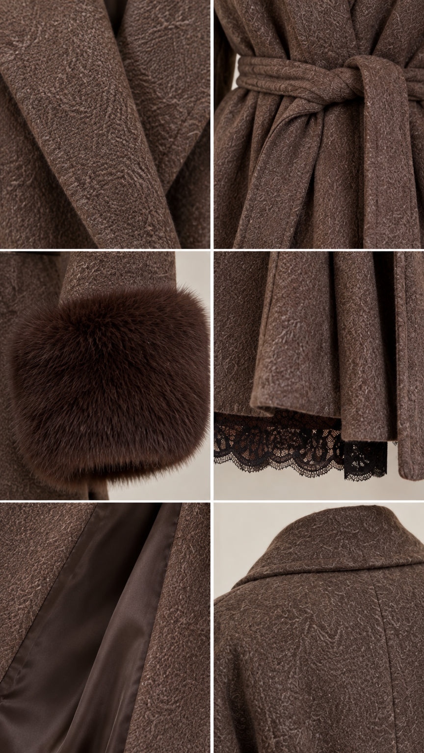 Detailed close-up collage of coat fabric texture, tie belt, faux fur cuff, hemline lace trim, and inner lining