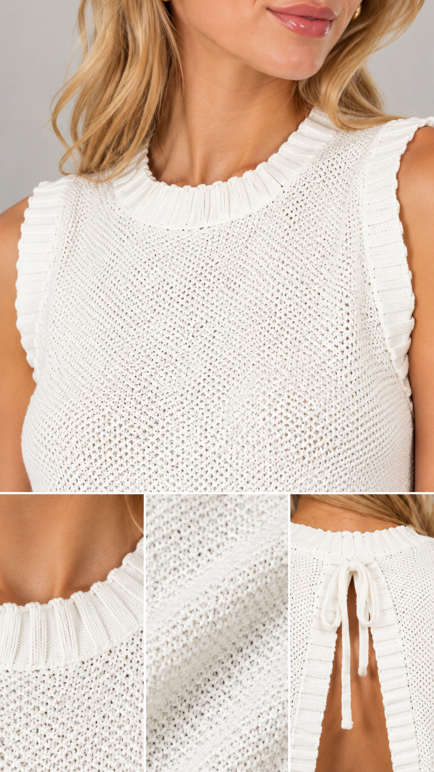 Close-up detail of textured knit fabric, ribbed neckline, and back tie closure on white top