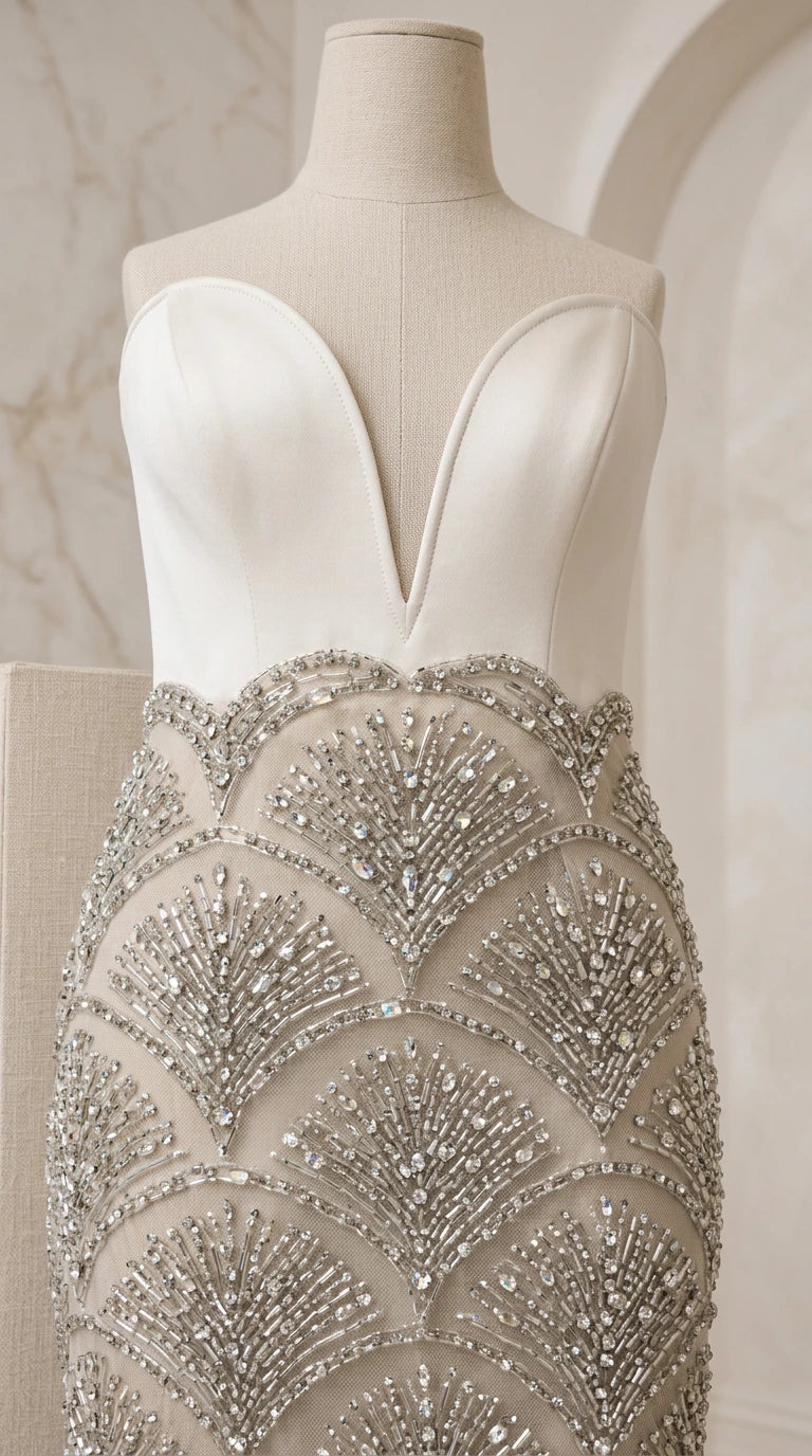 Close-up mannequin view showing plunge sweetheart neckline and intricate scallop beadwork