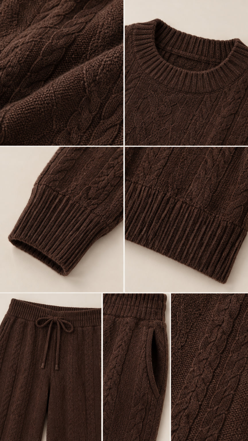 Close-up details of brown cable knit texture, ribbed neckline, ribbed cuff, ribbed hem, drawstring, and side pocket