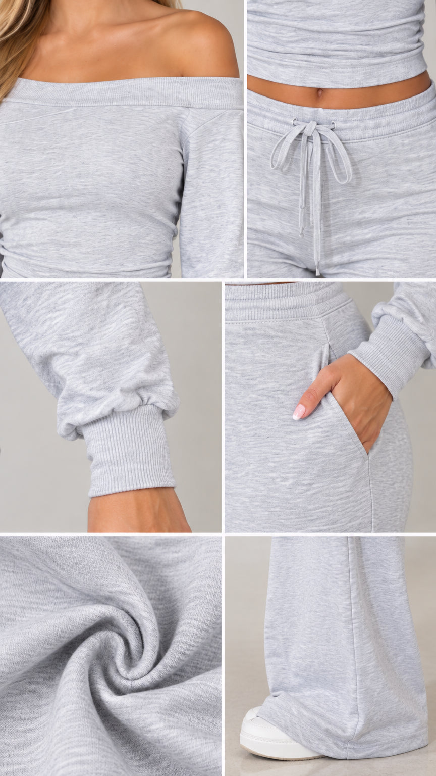 Close-up detail shots showing neckline, drawstring waist, ribbed cuff, pocket, and soft heathered knit texture