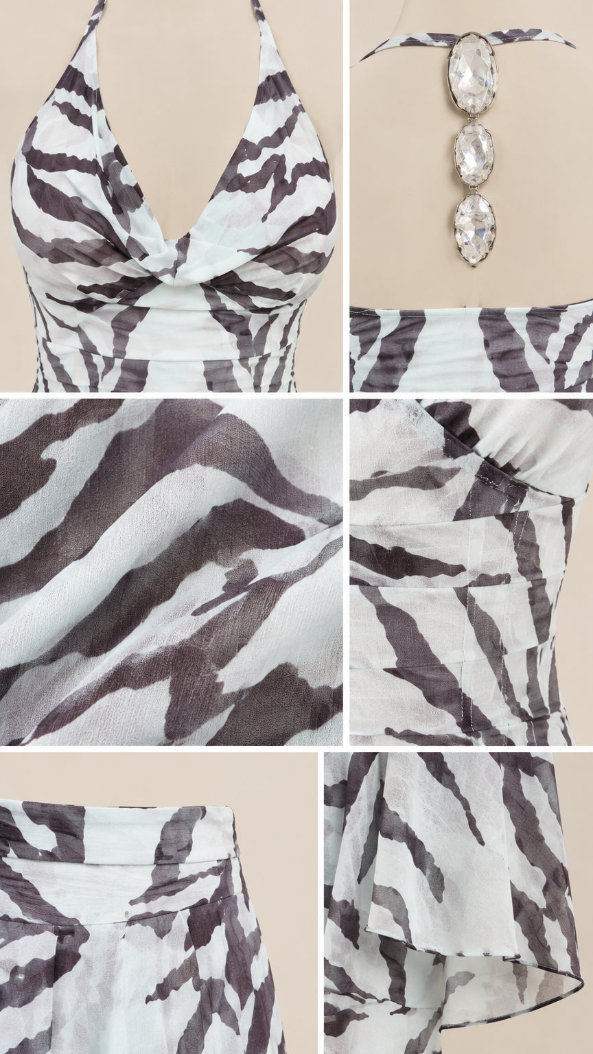Close-up details of zebra print fabric, plunge twisted neckline, and crystal back chain