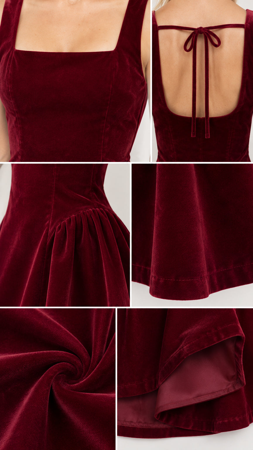 Close-up detail collage showing the square neckline, back tie, pleating, and velvet texture of the burgundy mini dress