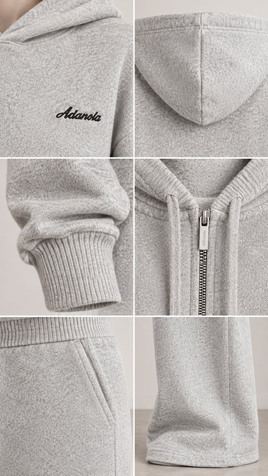 Detail grid showing fabric texture, embroidered script, hood construction, ribbed cuffs, zipper, and pocket