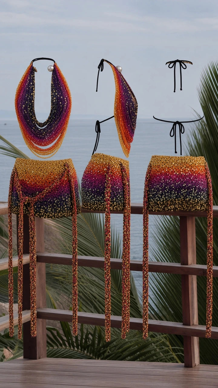 Flat lay view showing front, side, and rear construction of Sunset Multi sequin halter top and skirt set