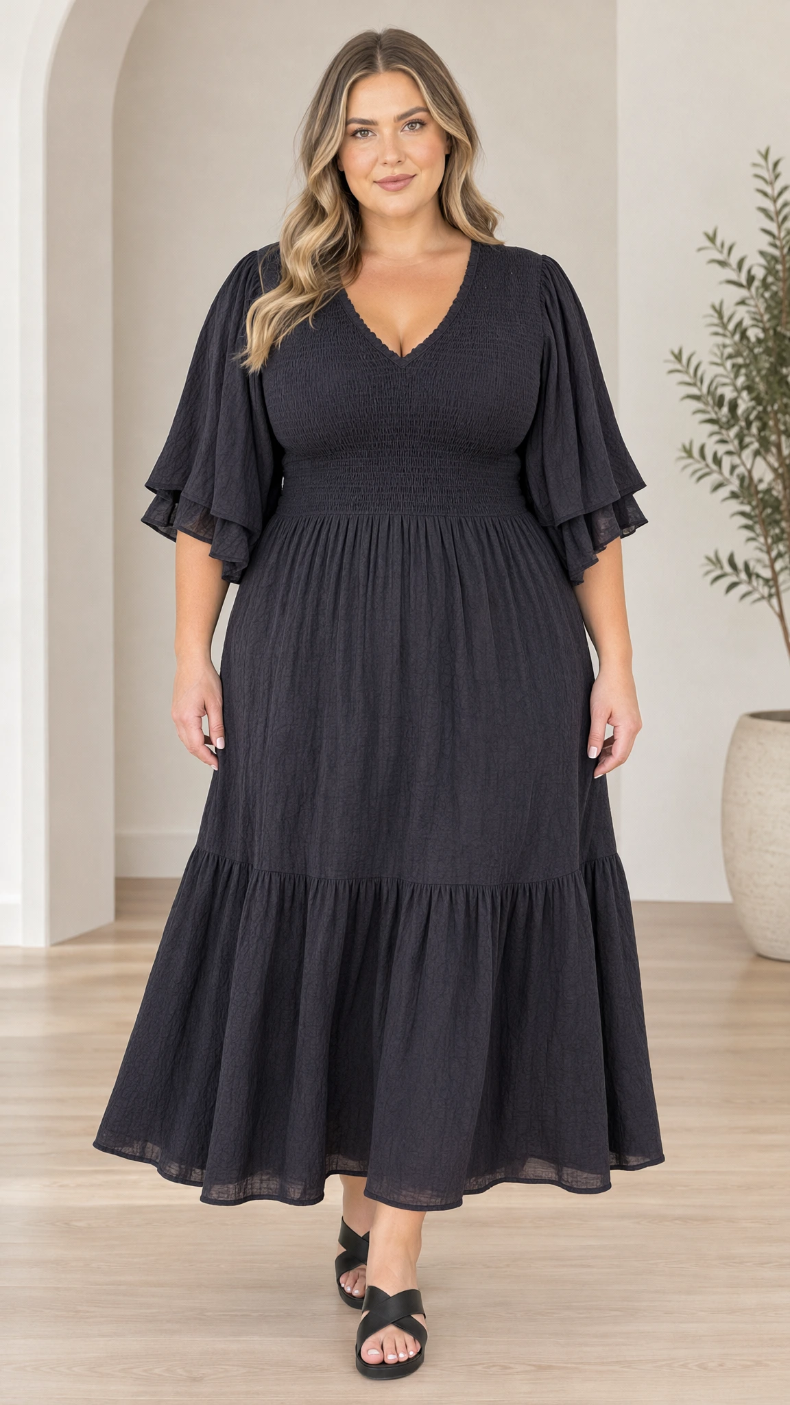 Walking front view of model in black tiered maxi dress