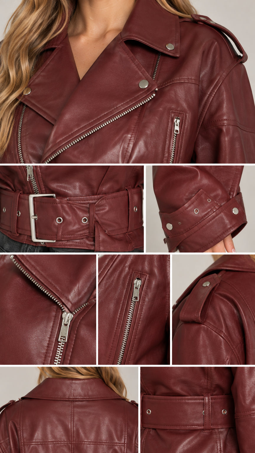 Detailed close-up collage of burgundy faux leather jacket lapels, belt buckle, sleeve straps, and zipper