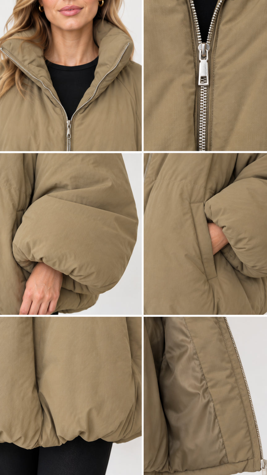Close-up details of khaki puffer jacket showing high collar, metal zipper, gathered cuff, pocket, and lining