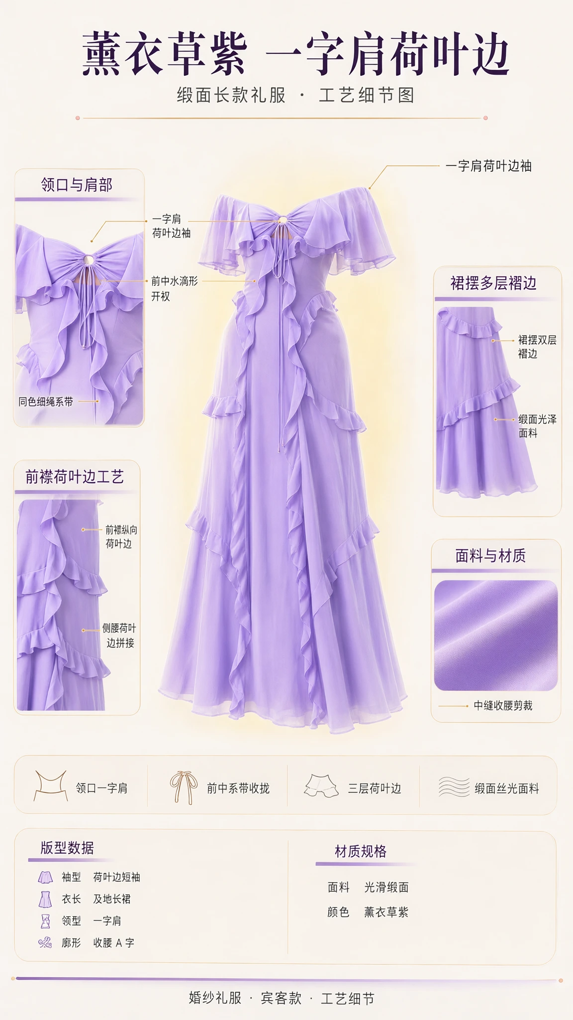 Technical illustration detailing neckline ruffles, front tie, and tiered skirt construction