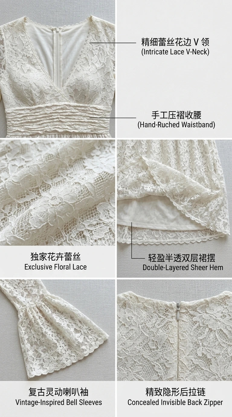 Detailed close-up views of intricate lace V-neck, ruched waistband, sheer hem, bell sleeve, and back zipper