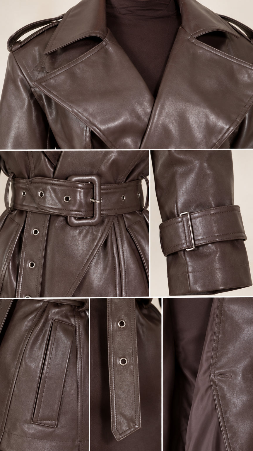 Close-up details of dark brown jacket collar, grommet buckle belt, buckled cuff, and welt pocket