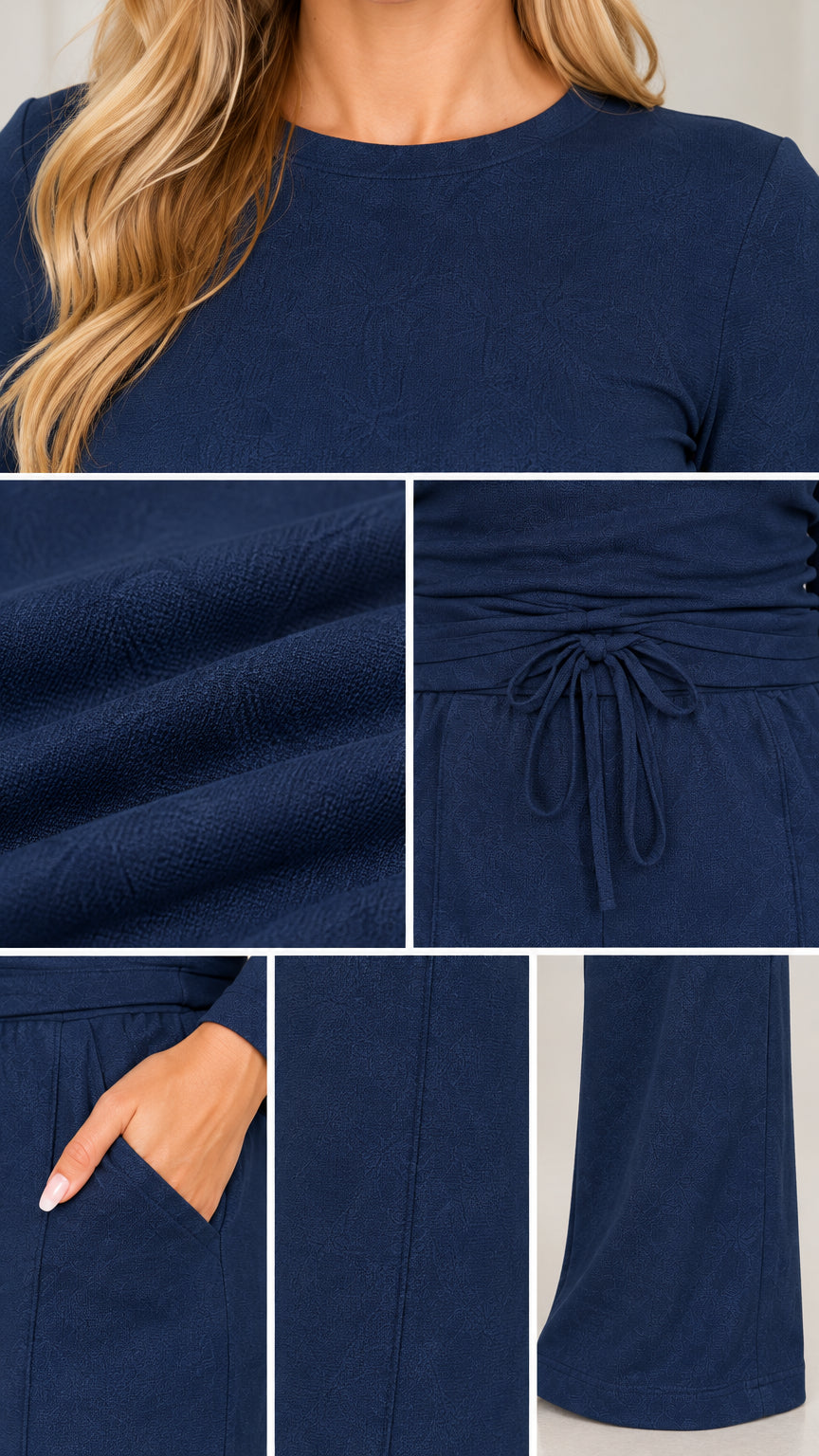 Close-up detail of neckline, textured knit fabric, drawstring waist, pocket, and pant hem