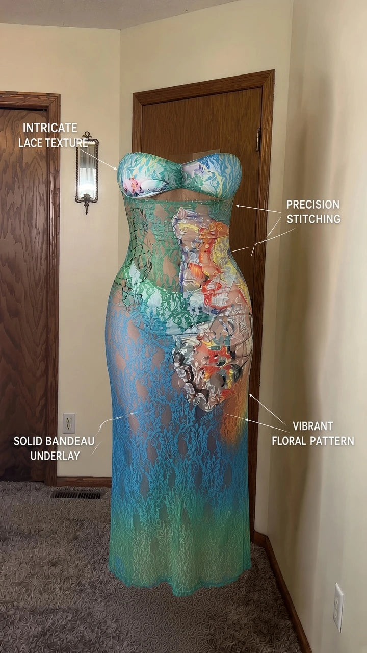 Product diagram showcasing lace texture, bandeau underlay, and floral pattern callouts