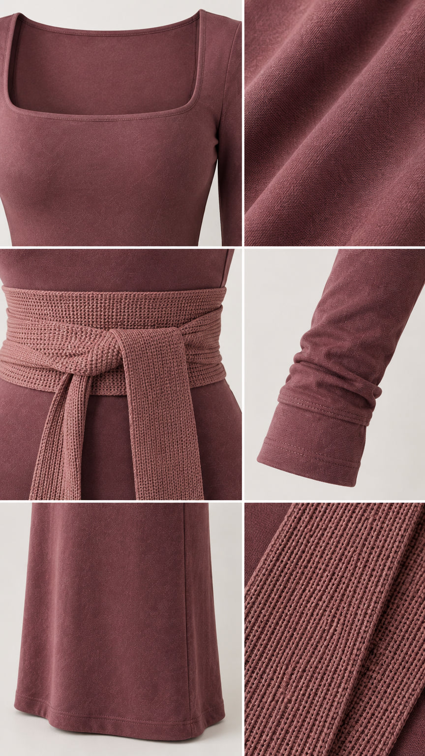 Close-up details of dusty mauve maxi dress neckline, waist tie sash, fabric texture, and sleeve cuff