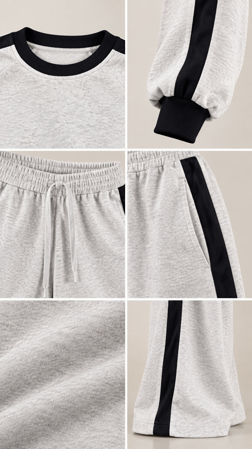 Detailed collage showing neckline, cuff, drawstring waistband, side pocket, fabric texture, and pant hem