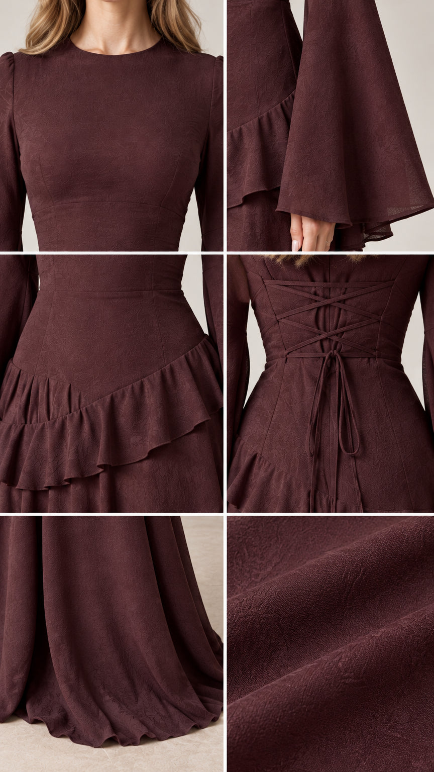 Close-up details of burgundy maxi dress neckline, flare sleeve cuff, waist ruffle, lace-up back, and textured fabric