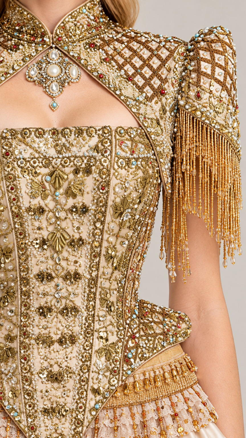 Close-up detail of ornate metallic beading, crystal accents, and fringe epaulets