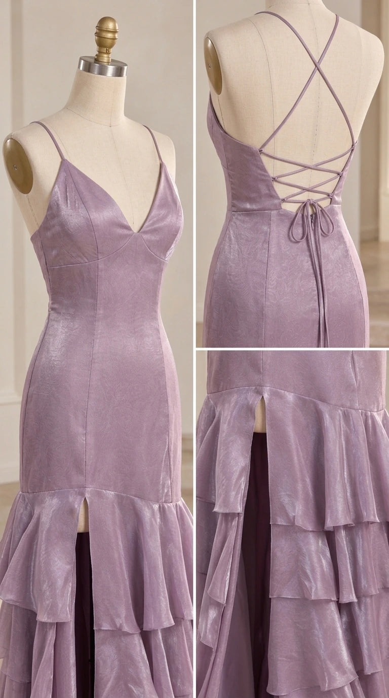 Mannequin close-up details of the neckline, lace-up back, and front ruffled slit on a lilac gown